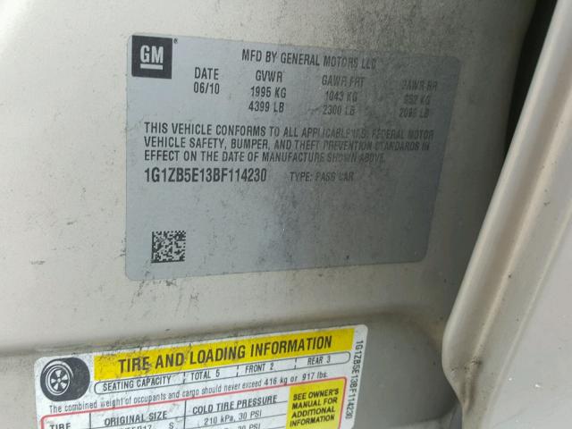 1G1ZB5E13BF114230 - 2011 CHEVROLET MALIBU LS GOLD photo 10