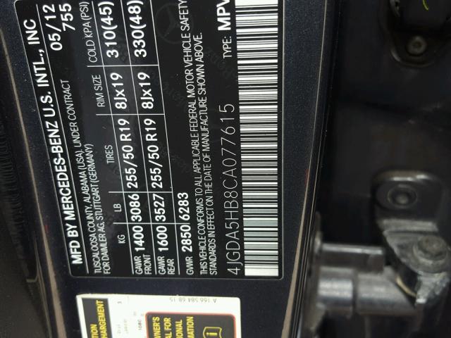 4JGDA5HB8CA077615 - 2012 MERCEDES-BENZ ML 350 4MA BLACK photo 10