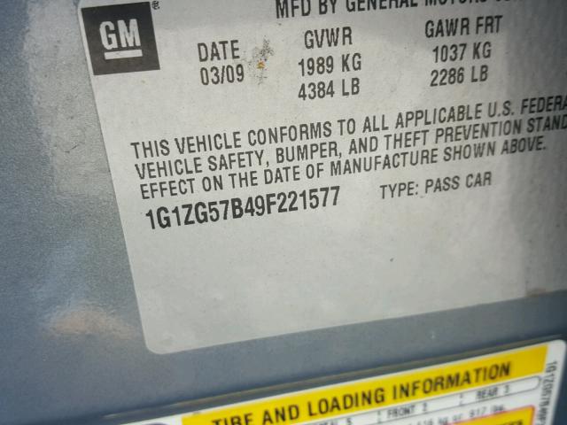 1G1ZG57B49F221577 - 2009 CHEVROLET MALIBU LS BLUE photo 10