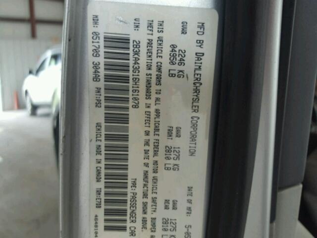 2B3KA43G16H161078 - 2006 DODGE CHARGER SE SILVER photo 10