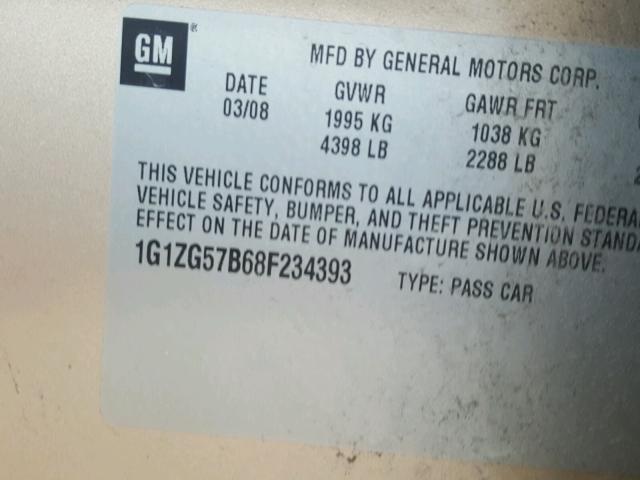 1G1ZG57B68F234393 - 2008 CHEVROLET MALIBU LS Bej foto 10