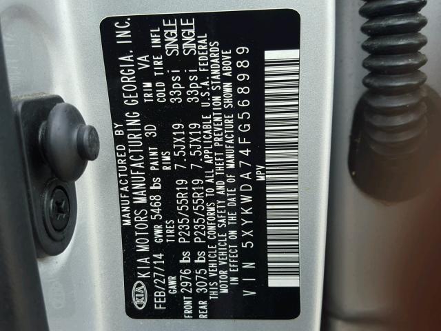 5XYKWDA74FG568989 - 2015 KIA SORENTO SX SILVER photo 10