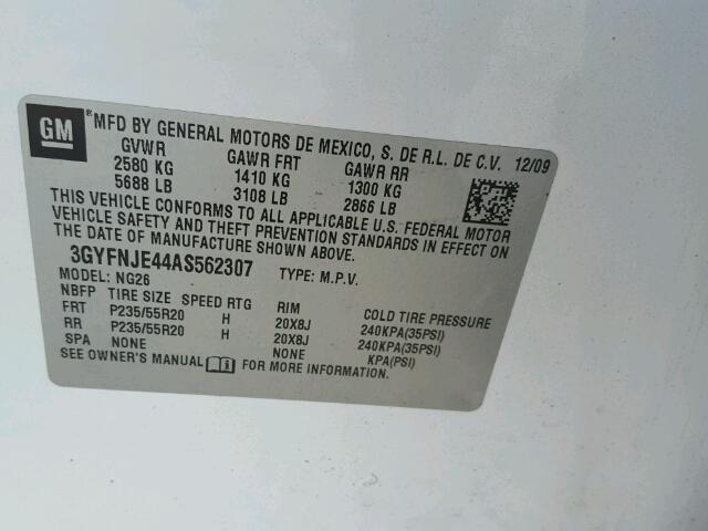 3GYFNJE44AS562307 - 2010 CADILLAC SRX PERFOR 白色 照片 10