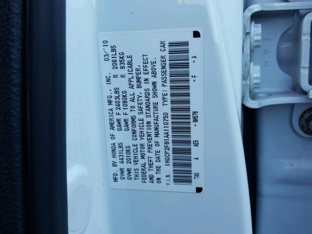 1HGCP2F81AA110750 - 2010 HONDA ACCORD EXL WHITE photo 10