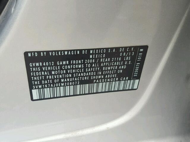 3VW1K7AJ0EM208072 - 2014 VOLKSWAGEN JETTA BASE 银色 照片 10
