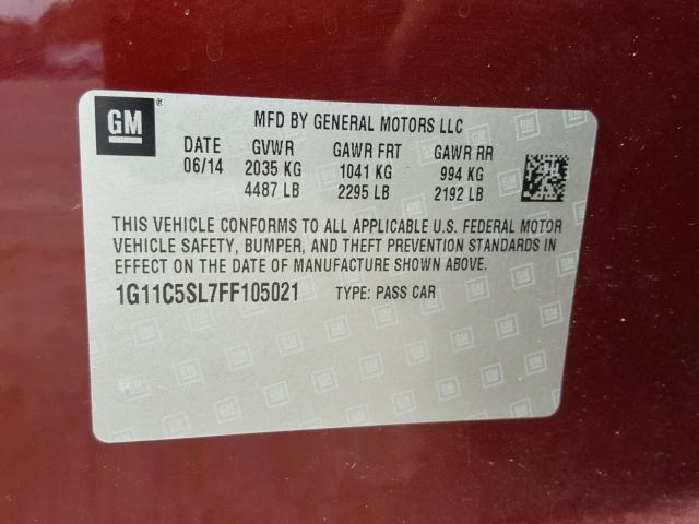 1G11C5SL7FF105021 - 2015 CHEVROLET MALIBU 1LT 红色 照片 10