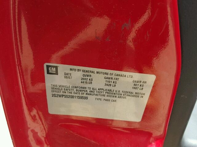 2G2WP552081159599 - 2008 PONTIAC GRAND PRIX RED photo 10
