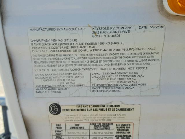 4YDT31R28B7200808 - 2011 KEYSTONE HORNET TWO TONE photo 10