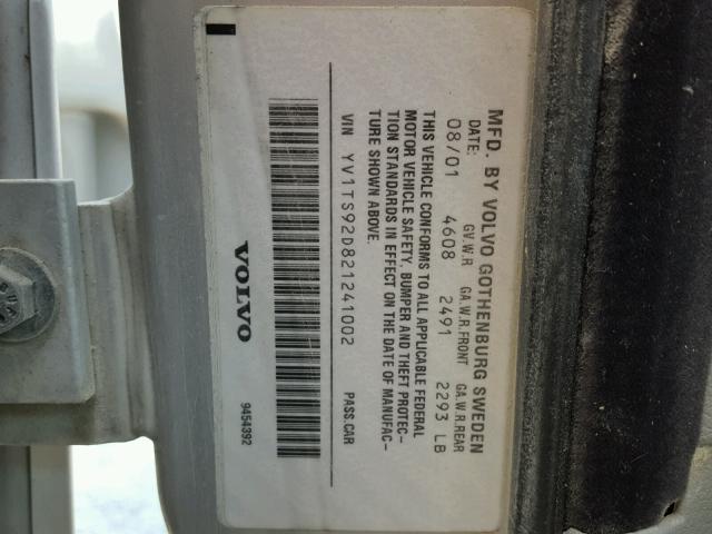 YV1TS92D821241002 - 2002 VOLVO S80 SILVER photo 10