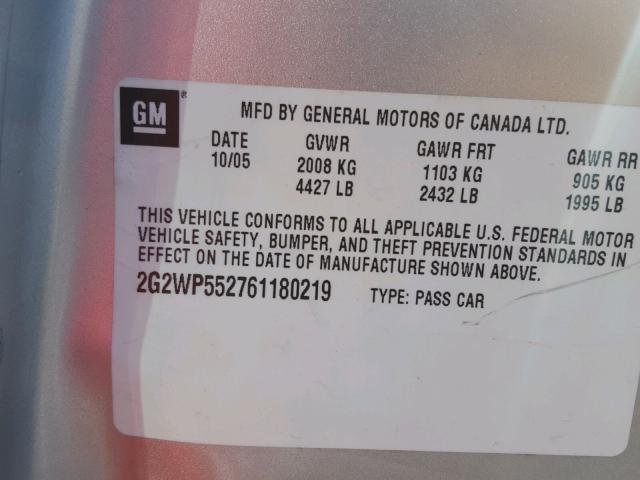 2G2WP552761180219 - 2006 PONTIAC GRAND PRIX SILVER photo 10