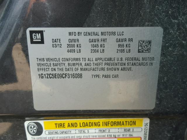 1G1ZC5E09CF316088 - 2012 CHEVROLET MALIBU 1LT ნაცრისფერი ფოტო 10