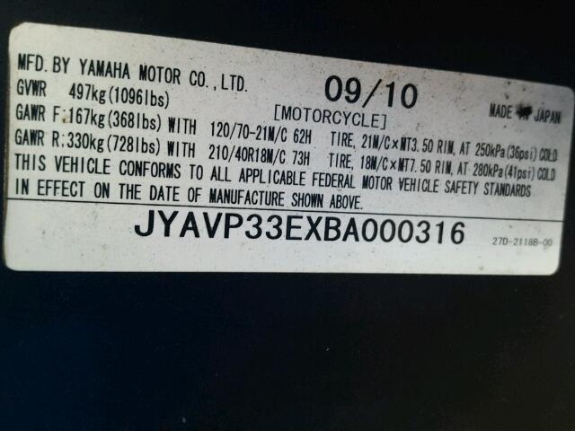 JYAVP33EXBA000316 - 2011 YAMAHA XVS1300 BLUE photo 10