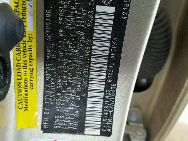 4T1BK3DB0BU380822 - 2011 TOYOTA AVALON BAS GOLD photo 10