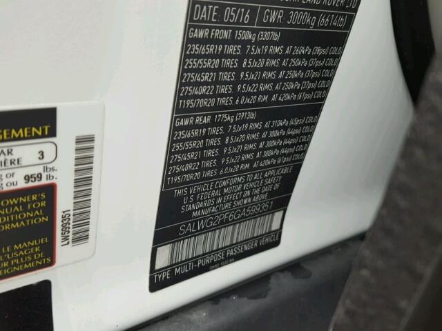 SALWG2PF6GA599351 - 2016 LAND ROVER RANGE ROVE WHITE photo 10