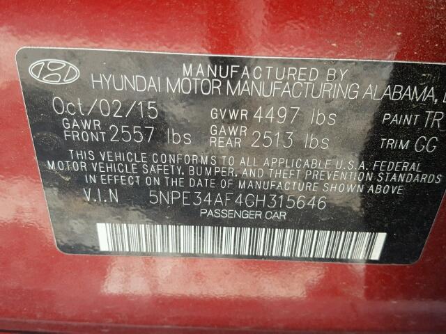 5NPE34AF4GH315646 - 2016 HYUNDAI SONATA SPO RED photo 10