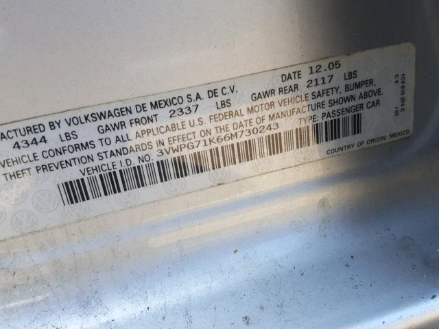 3VWPG71K66M730243 - 2006 VOLKSWAGEN JETTA VALU SILVER photo 10