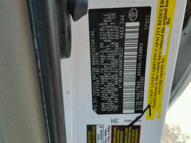 4T1BE46K99U878537 - 2009 TOYOTA CAMRY BASE WHITE photo 10