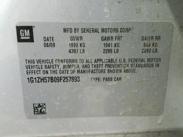 1G1ZH57B09F257893 - 2009 CHEVROLET MALIBU 1LT 银色 照片 10