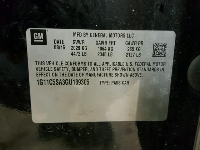 1G11C5SA3GU109305 - 2016 CHEVROLET MALIBU LIM 黑色 照片 10