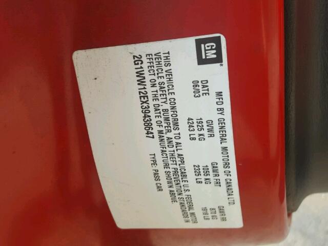 2G1WW12EX39438647 - 2003 CHEVROLET MONTE CARL 红色 照片 10