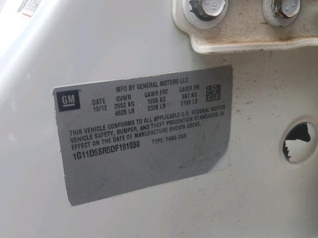 1G11D5SR5DF181030 - 2013 CHEVROLET MALIBU 1LT 白色 照片 10