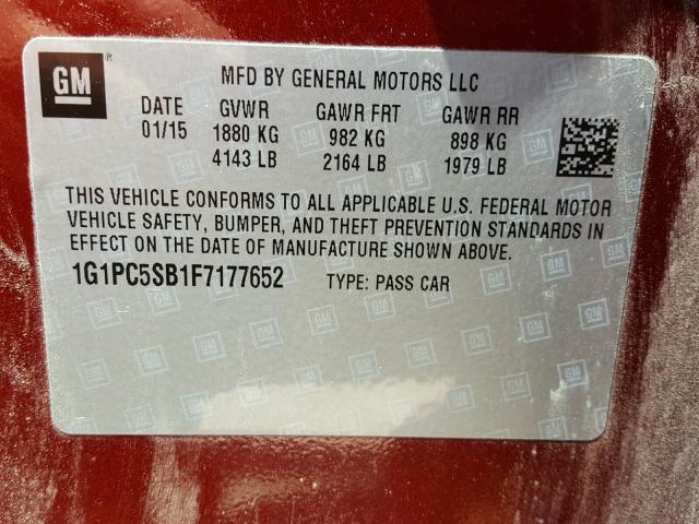 1G1PC5SB1F7177652 - 2015 CHEVROLET CRUZE LT MAROON photo 10