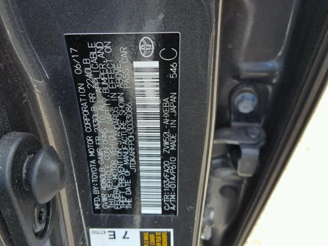 JTDKARFP0H3033086 - 2017 TOYOTA PRIUS PRIM ნაცრისფერი ფოტო 10