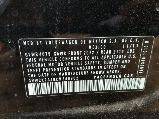 3VW2K7AJ8CM346802 - 2012 VOLKSWAGEN JETTA BASE 黑色 照片 10