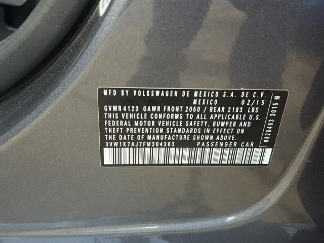 3VW1K7AJ7FM304363 - 2015 VOLKSWAGEN JETTA BASE 灰色 照片 10