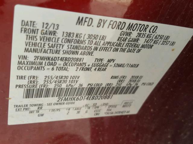 2FMHK6DT4EBD20881 - 2014 FORD FLEX LIMIT RED photo 10