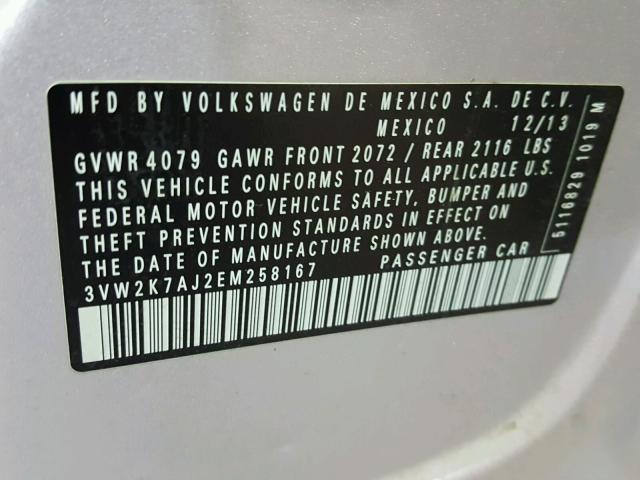 3VW2K7AJ2EM258167 - 2014 VOLKSWAGEN JETTA BASE Արծաթագույն լուսանկար 10