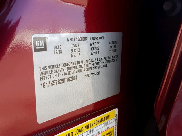 1G1ZK57B29F162804 - 2009 CHEVROLET MALIBU LTZ ბურგუნდია ფოტო 10