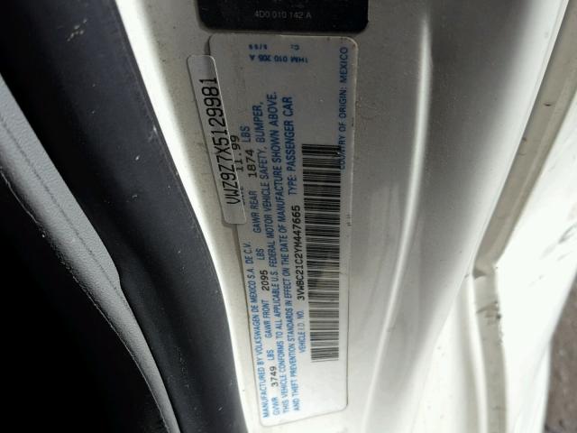 3VWBC21C2YM447665 - 2000 VOLKSWAGEN NEW BEETLE თეთრი ფოტო 10