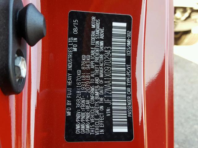 JF1ZNAA1XG9702943 - 2016 TOYOTA SCION FR-S RED photo 10