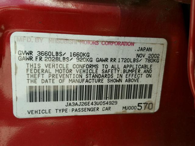 JA3AJ26E43U054929 - 2003 MITSUBISHI LANCER ES RED photo 10