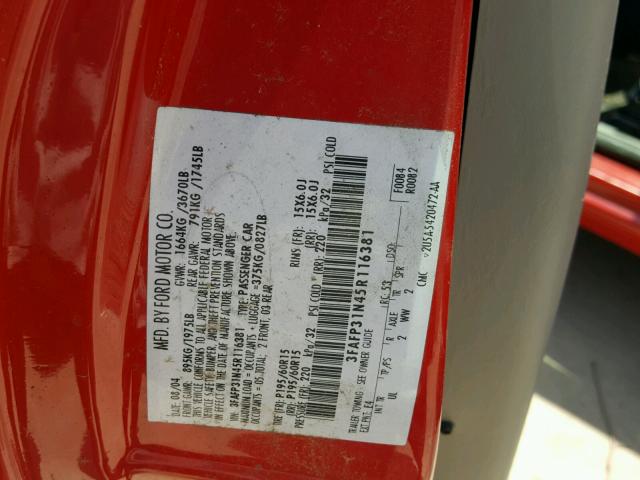 3FAFP31N45R116381 - 2005 FORD FOCUS ZX3 RED photo 10