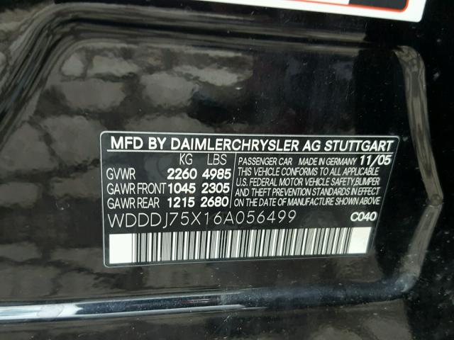 WDDDJ75X16A056499 - 2006 MERCEDES-BENZ CLS 500C BLACK photo 10