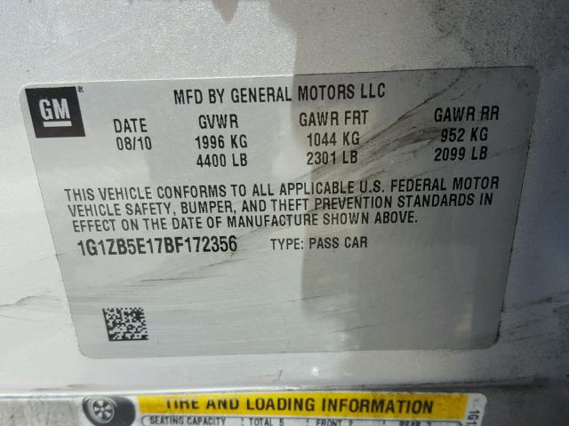 1G1ZB5E17BF172356 - 2011 CHEVROLET MALIBU LS 银色 照片 10