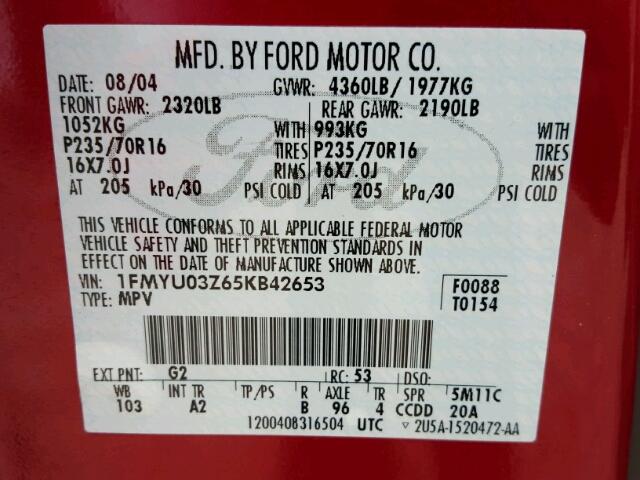 1FMYU03Z65KB42653 - 2005 FORD ESCAPE XLT RED photo 10