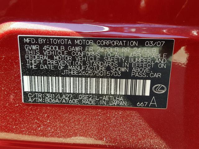 JTHBE262575015703 - 2007 LEXUS IS 350 RED photo 10