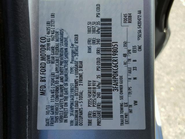 3FAHP0KC6CR198051 - 2012 FORD FUSION SPO SILVER photo 10