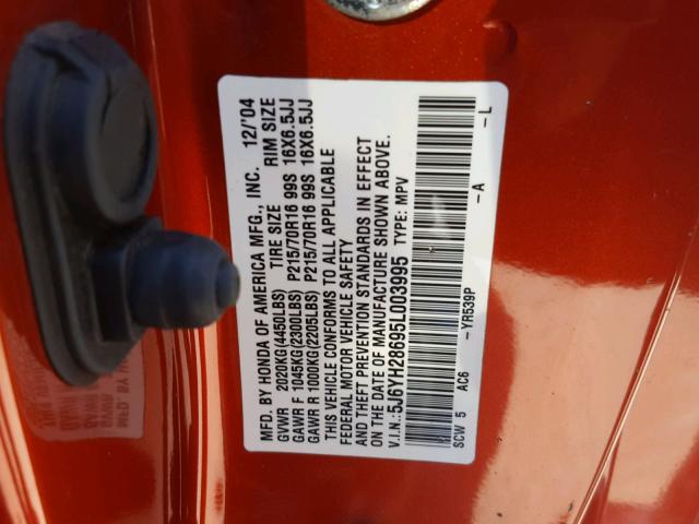 5J6YH28695L003995 - 2005 HONDA ELEMENT EX ORANGE photo 10