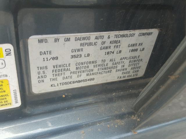 KL1TD5DE6AB055408 - 2010 CHEVROLET AVEO LS GREEN photo 10