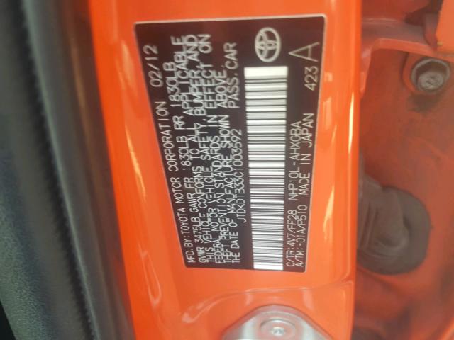 JTDKDTB33C1003592 - 2012 TOYOTA PRIUS C ORANGE photo 10