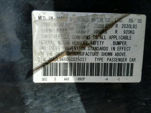 JH4CL96805C025037 - 2005 ACURA TSX BLACK photo 10