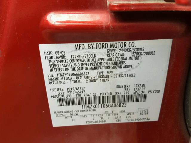 1FMZK01106GA06823 - 2006 FORD FREESTYLE RED photo 10
