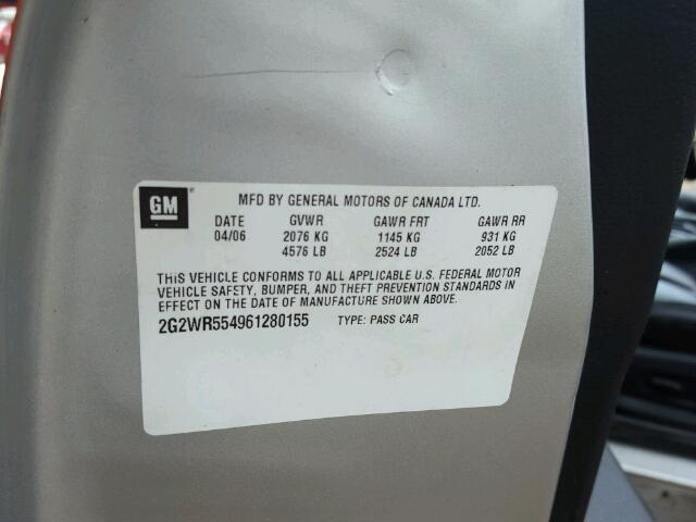 2G2WR554961280155 - 2006 PONTIAC GRAND PRIX Сірий фото 10