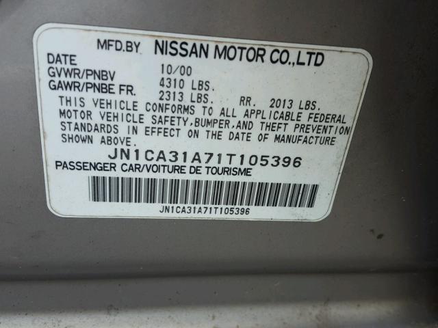 JN1CA31A71T105396 - 2001 NISSAN MAXIMA GXE GRAY photo 10