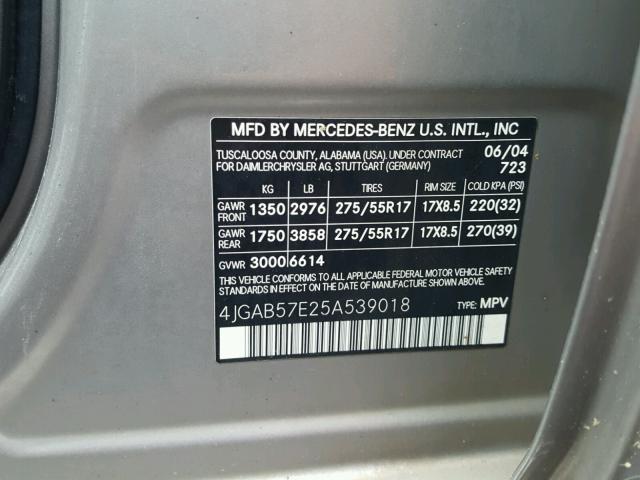 4JGAB57E25A539018 - 2005 MERCEDES-BENZ ML 350 SILVER photo 10