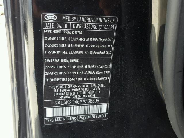 SALAK2D46AA538598 - 2010 LAND ROVER LR4 HSE LU BLACK photo 10